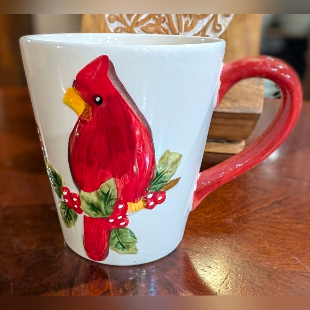 Oversized Ceramic Mug, Cardinal on Holly and Berries